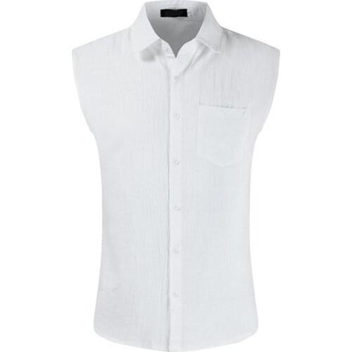 Men Shirt Single-Breasted Solid Color Summer Sleeveless Lapel Top for Dating