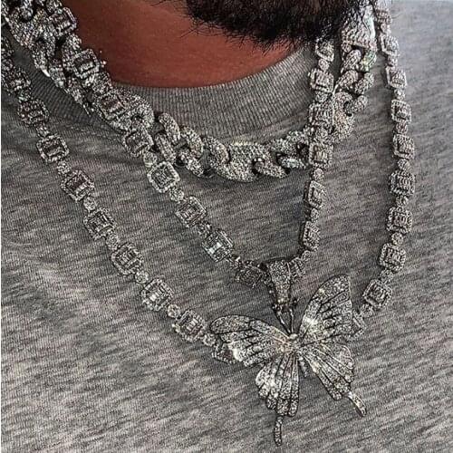 Wholesale Iced out bling 5A cubic zirconia geometric round square cz cluster link chain jewelry hiphop bling men choker necklace
