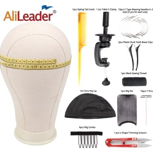 AliLeader 11PCS Wig Making Kit 21 22 23 24 Inch Canvas Block Head With Stand Dome Wig Cap Combs Curved Needles T pins Thread