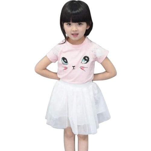 2020 New 2Pcs Suit For Kids Baby Girls Outfits Clothes Cat Print T-Shirt Tops Tutu Skirt Dress Clothes Set