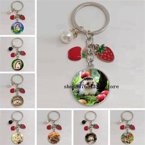 New hedgehog cartoon photo keychain men and women handmade fashion keychain glass cabochon pendant keychain