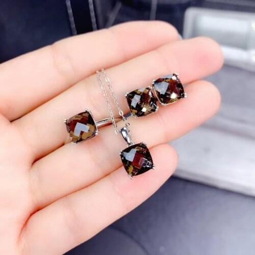 New Coming 100% Natural and Real Smoke Quartz jewelry set 925 sterling silver 1pc pendant,1pc ring ,2pcs Earring