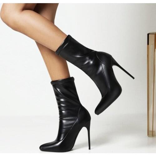 Ochanmeb 12cm Stiletto Heels Sock Boots Women Ultra Extremely High Heels Stretch PU Leather Evening Party Club Boots Shoes Woman