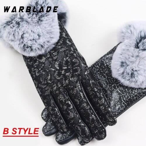 2018 Women New Solid Gloves Lady Black Leather Gloves Autumn Winter Warm Rabbit Fur Mittens Winter Gloves Leather Driving Gloves