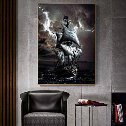 Pirate Ship At Sea Canvas Painting Black Sailboat Vintage Posters and Prints Vessel Wall Pictures for Living Room Decoration