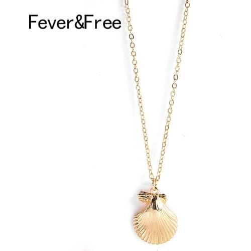 Fever&Free Simple Fashion Summer Beach Necklace For Women Long Chain Gold Shells Pendants Necklace Birthday Gift Jewelry Collier