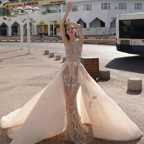 CloverBridal 2021 Luxury Beading Lace Two In One Wedding Dress Sexy Illusion robe de mariée With Over Skirt WW8442