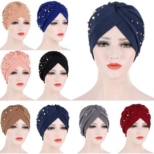 Women Muslim Beads Chemo Cap Turban Inner Hijab Scarf Headwear Islamic Cancer Hat Indian Hair Loss Cover Headscarf Beanie Bonnet