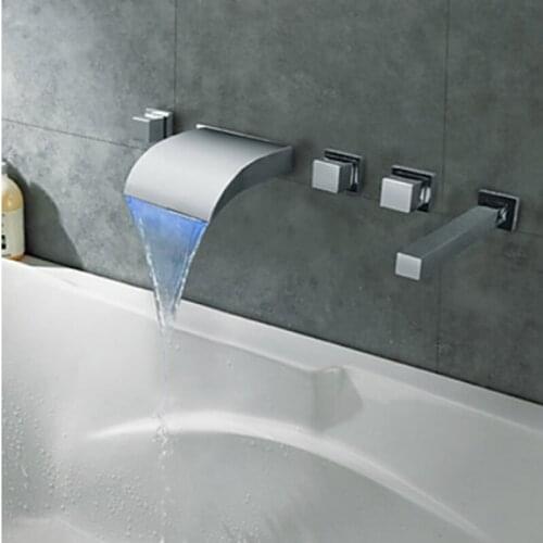 Modern LED Changing Bathroom Tub Faucet Hot And Cold Water Tap Deck Mounted 5PC