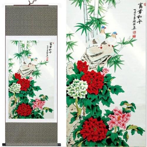 Traditional silk art painting Peace dove and Flowers Chinese Art Painting Home Office Decoration Chinese painting