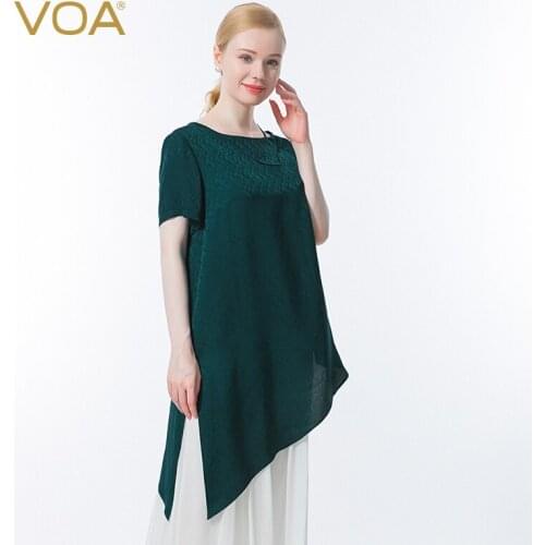 VOA Silk Jacquard Green Tops Asymmetric Short-sleeved T-shirt with Adjustable Swallowtail Loose Refreshing Woman Tshirts BE693
