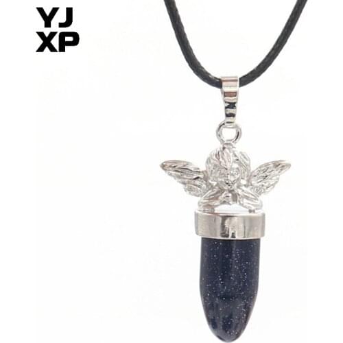 YJXP Romantic Silver Plated Cute Angel Wing Water Drop Pendant Blue Sand Stone Jewelry