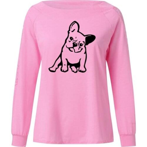 Bulldog France Cute Animal Print Female T Shirt Funny Teeshirt Women Clothing Casual Long Sleeve Large Size Loose Lace Tops Tee