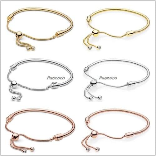 925 Sterling Silver Rose Gold Moments Sliding Clasp Adjust Bangle Bracelet Fit Women Bead Charm Fashion Jewelry