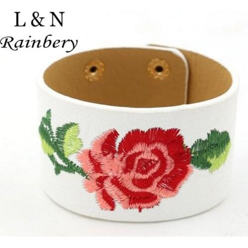 Rainbery 2021 Bohemia Embroidery Flower Leather Bracelet Female Fashion Wide PU Leather Bracelets & Bangles Women Femme JB0471