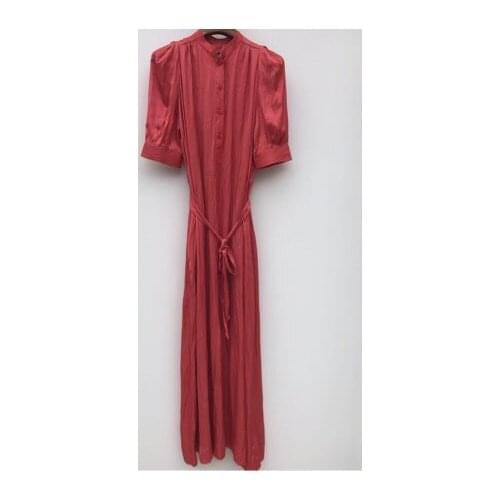 Woman red black long Dress Ruffled Neck with V cut Short Puff Sleeves Elastic Waist With Belt Fashion Long dress