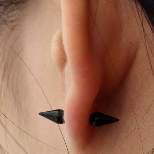 2 Pcs 1Pair Stainless Steel K-pop Punk Sharp Cone Spike Black Silver Color Tip Girls Boys Men Or Women Ear Stud Earrings