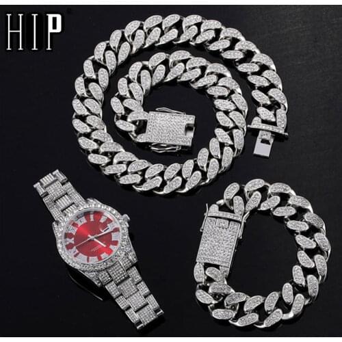 Hip Hop 20MM 3PCS KIT Silver Color Watch+Necklace+Bracelet Bling Crystal AAA+ Iced Out Cuban Rhinestones Chains For Men Jewelry
