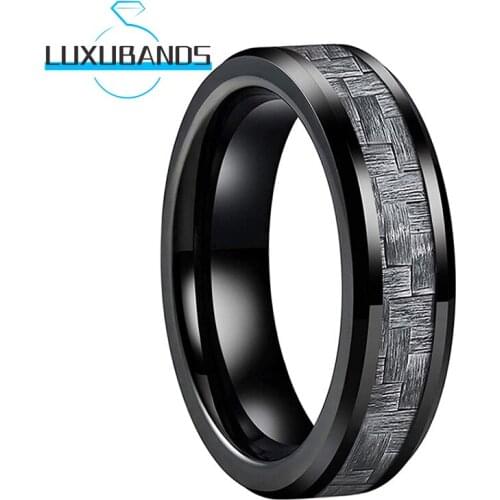 6MM Womens Men Tungsten Carbide Rings Black Beveled Edges Grey Carbon-Fiber Inlay Polished Finished Comfort Fit