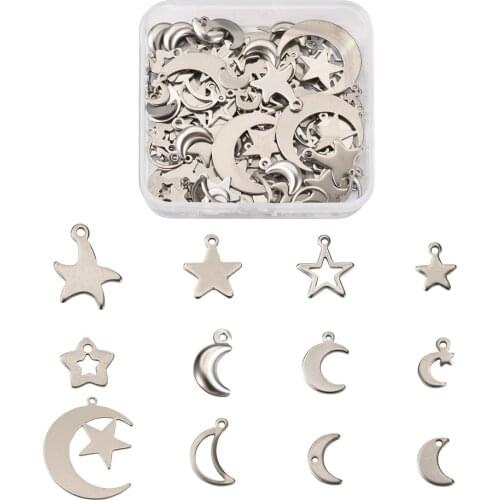 68~200pcs/box 304 Stainless Steel Star and Moon Charms Pendant for Jewelry Making DIY Decor Accessories Stainless Steel Color