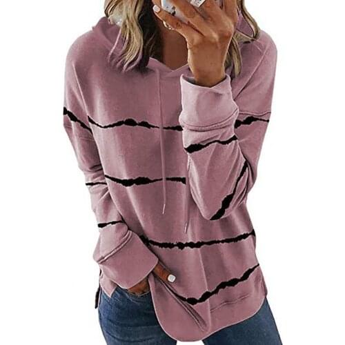 80% HOT SALES!!! Women Autumn Winter Striped Drawstring Long Sleeve Hooded Loose Hoodie Pullover
