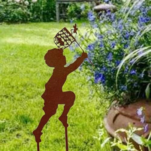 Iron Children Silhouette Catching Butterfly Figurine Garden Sculpture Statues Garden Stake Rustic Landscape Decoration Ornament