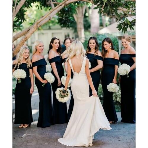 Elegant Long Off Shoulder Satin Bridesmaid Dresses Custom Pleated Lace Up Back Navy Blue Formal Wedding Party Dresses