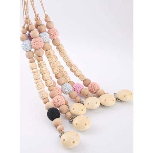 Personalized Name New Baby Pacifier Chain For Baby Feeding Dummy Chain Wooden Crochet Bead Eco-friendly Pacifier Clip Binky Clip