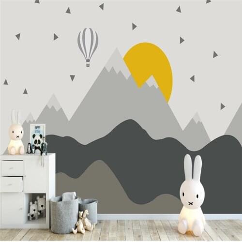 Customized high-end wallpaper-Nordic childrens room wallpaper geometric mountain hot air balloon background wall 8D wall