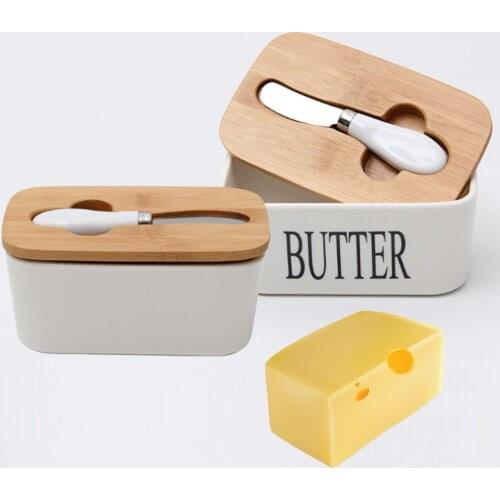 Nordic Butter Box Ceramic Butter Sealing Plate with Wood Lid and Knife Cheese Food Storage Tray Kitchen Butter Dish Container