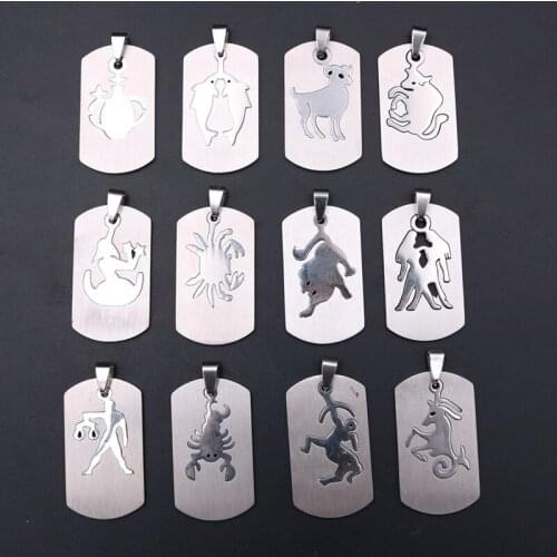 41*23mm Stainless Steel Twelve Constellation & Zodiac Pendant Polygon Charm Necklace Bracelet DIY Handmade Accessories 2pcs