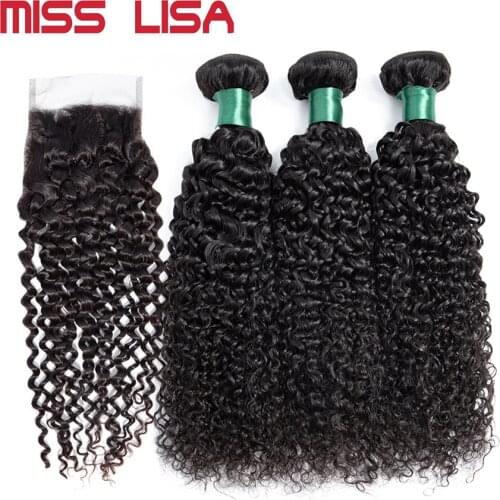 Miss Lisa Kinky Curly 3 Bundles With 4x4 Closure Peruvian Human Hair Weave Bundles Extension For Women
