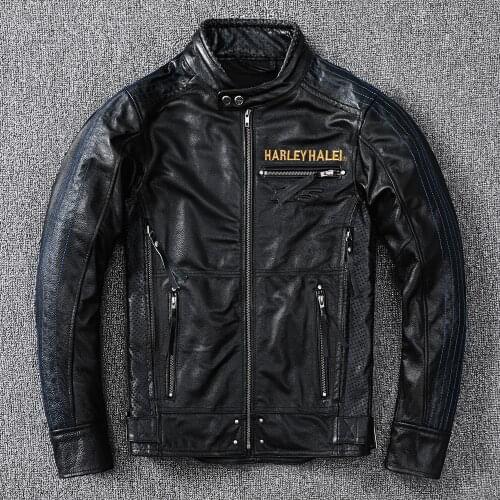 Genuine Leather Mens Top Layer Cowhide Motorcycle Leather Jacket Riding Jacket Spring Autumn Coat