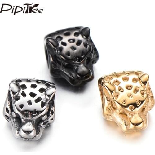 Pipitree 4pcs/lot Fashion Stainless Steel Leopard Head Beads Big Hole Animal Jewely Making DIY Charms Beads Bracelet Accessories