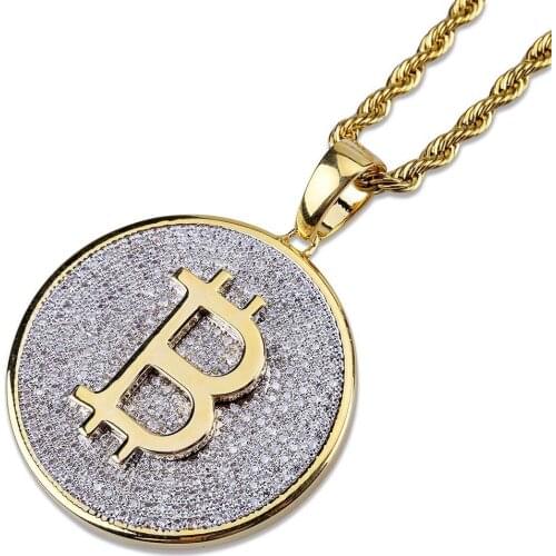 DNSCHIC Bling Bitcoin Pendant with Micro Inlaid Zircon Hip Hop Pendant Necklace for Men Women Rapper Hip Hop Jewelry Best Gift