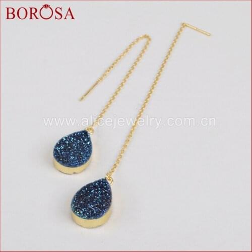 BOROSA Gold Color Teardrop Titanium Rainbow Druzy Stone Threader Earrings,Drusy Stone Geode Drop Earring Dangle Earrings G1242