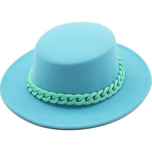 4pcs Flat Top Hat With Chain Fedoras Women Womens Cap Woman Ladies Felt Fedora Hats Female Jazz Caps Autumn Winter Wholesale