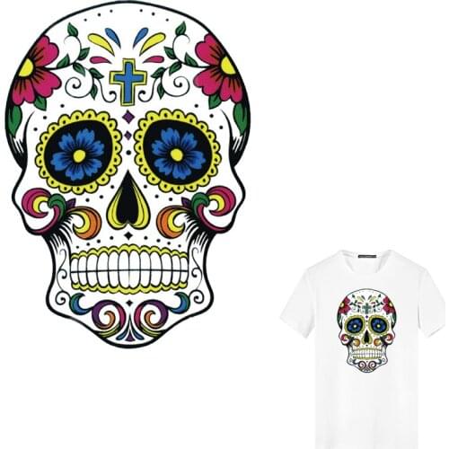 Iron on Patches Big Skull Punk Heat Transfers for Clothes Stickers Military Badges DIY T-shirt Applique Tops Print Washable E