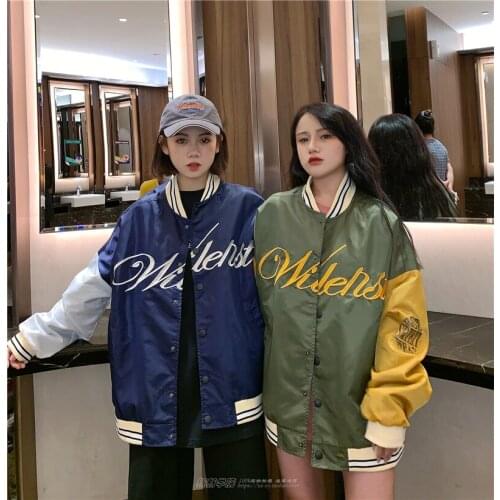 Baseball Uniform Women Loose Wild Couple Jacket Fried Street Hidden Button Letters Retro Embroidery Long-Sleeved Pocket Jacket