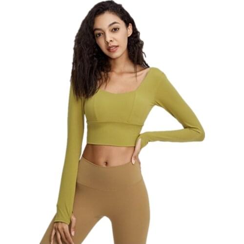 Yoga Shirts Women New Long Sleeve Sports T-shirts Gym Tight Stretch Training Running Quick Dry Fitness Crop Top With Chest Pad