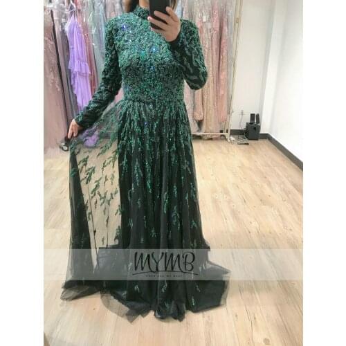 2021 Sparkly Gorgerous Hijab Evening High Neck Flowy Aline Mix Color Crystal Beaded Dress Women Wedding Party Gowns Plus Size