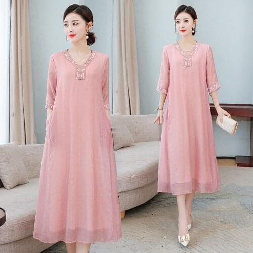 2021 New Cotton Embroidery Loose Large Hem Womens Dress Simple Korean Stitching Three-quarter Sleeve Women Clothes