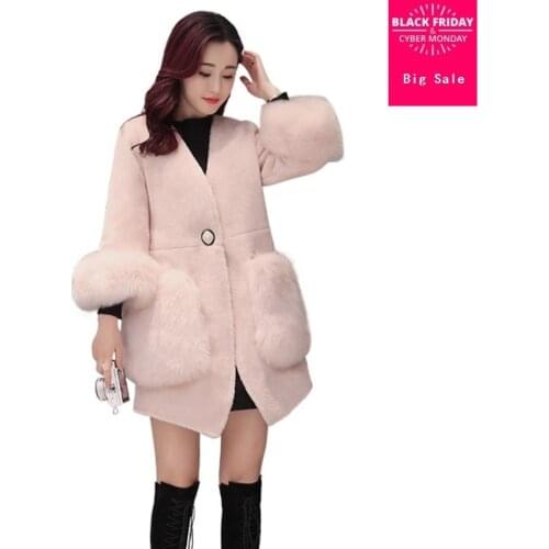 Winter womens jacket faux fox fur coat Imitation wool fur parkas imitation cashmere coat patchwork fur casual outwear L1516
