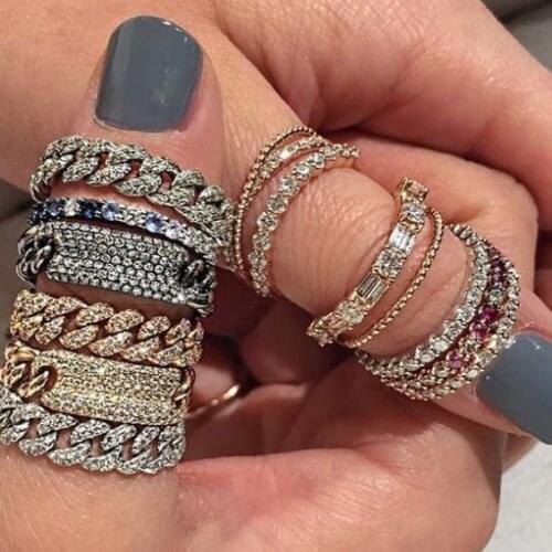Gold filled micro pave clear sparking bling cz Iced out Punk Rock hiphop women cz chain ring 6 7 8