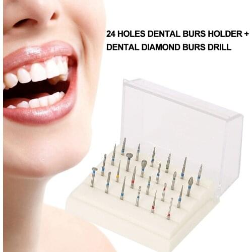 24 Holes Dental Burs Holder + Dental Diamond Burs Drill High Speed Block Box Dental Tool