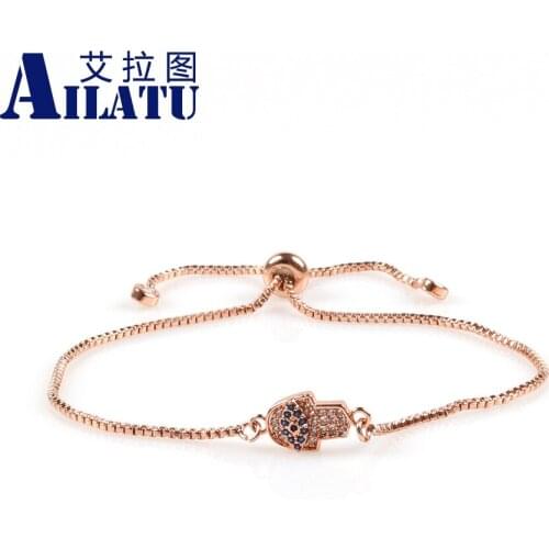 Ailatu Micro Paved Blue Cz Eye Fatima Hand Hamsa Bracelet Made up of High Quality Copper Link Chain