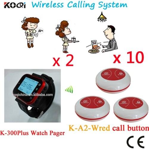 Wireless Call Pager System 433.92MHZ Restaurant Pager Set With Watch Receiver And Waterproof Button(2 watch+10 button)