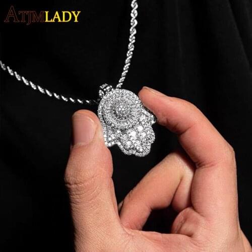 Iced out 5A clear baguette cz paved hamsa hand Fatimas hand pendant necklace for women men hiphop tennis chain jewelry necklace