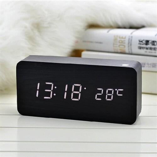USB/AAA Power Wood Table Clock Digital LED Electronic Alarm Clock Desktop Snooze Voice Control Desk Watch Bedside Decor Student