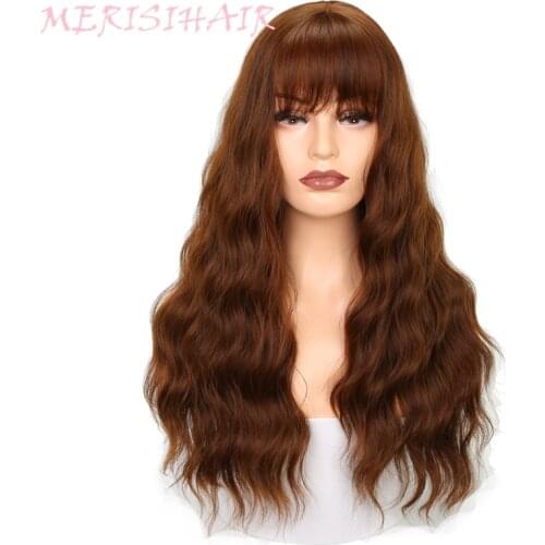 MERISI HAIR 26" Long Synthetic Wavy Wigs for Black Women African American Long Grey Brown Womens Wigs with Bangs